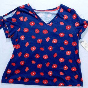 St. John's Bay Women's Floral Blouse Size Large Blue Red Flowers